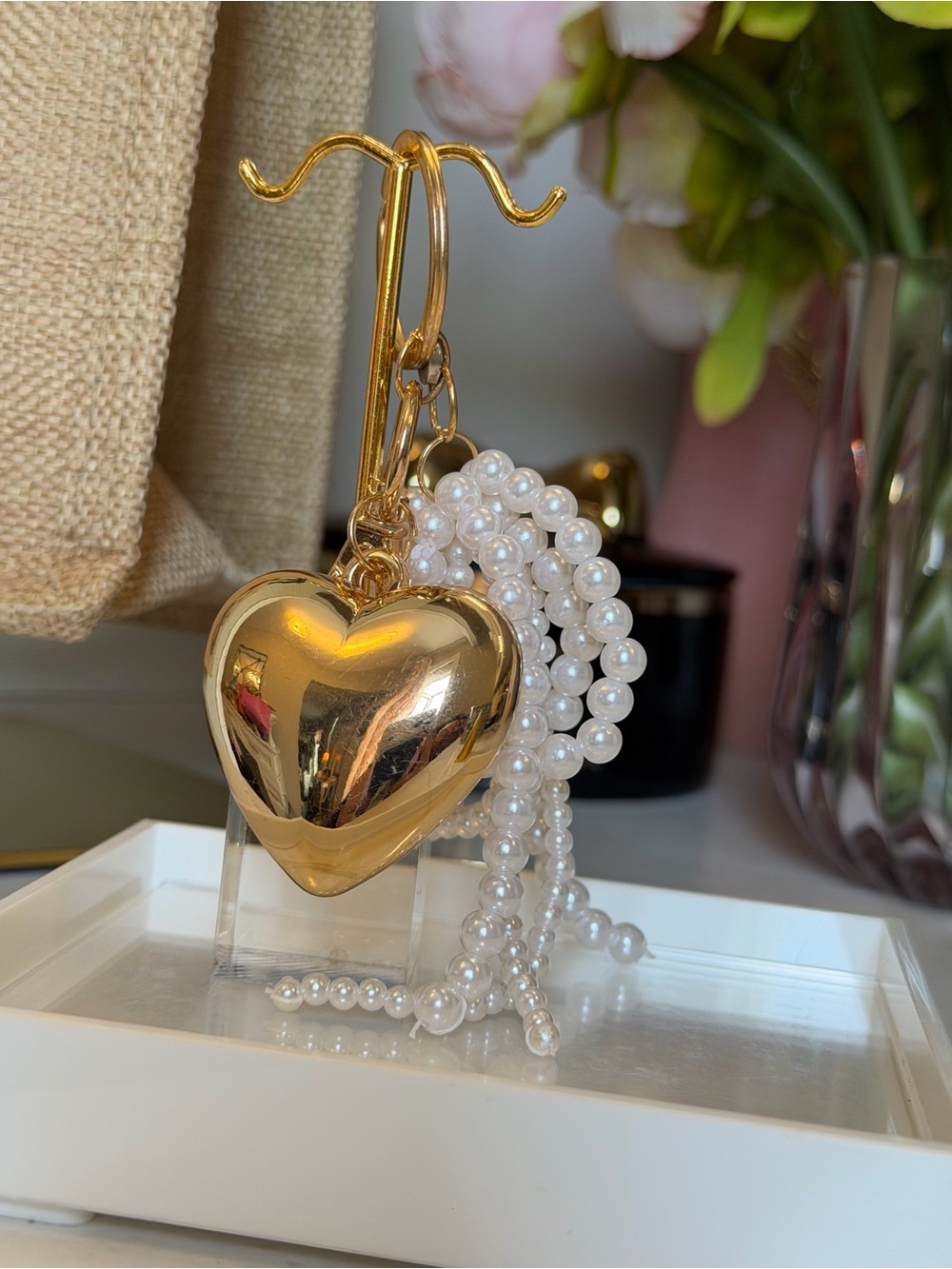Large Puffed Heart & Faux Pearl Bow Keychain Bag Charm gold tone accessory